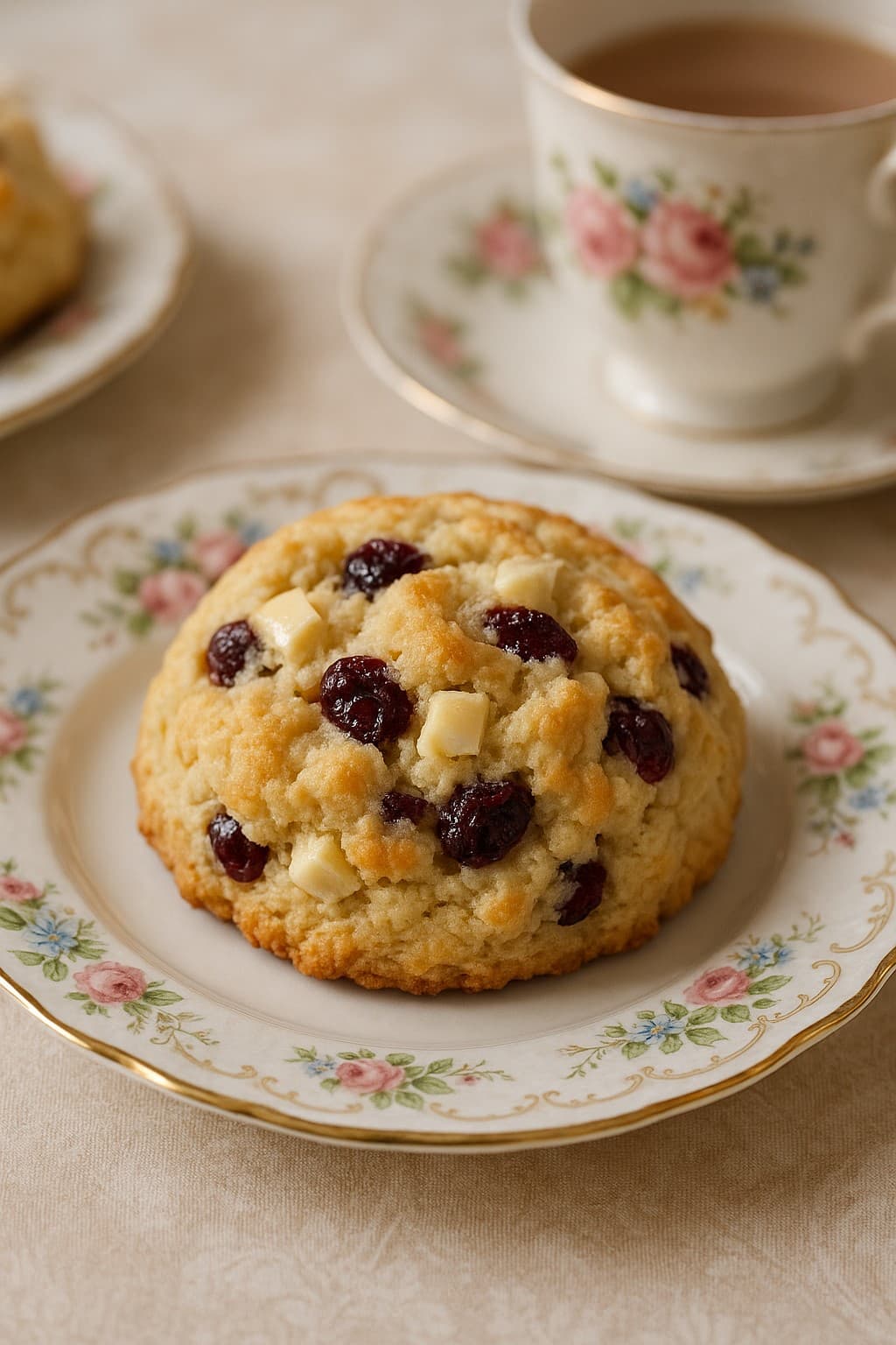 White chocolate cranberry scone served on floral Victorian china with a teacup in the background. White chocolate cranberry scone served on floral Victorian china with a teacup in the background.